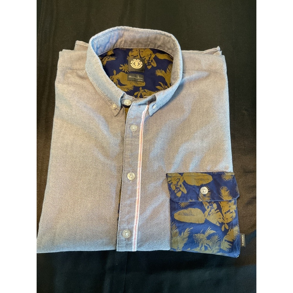 Element Mens Short Sleeve Button Down Shirt Blue Tropical Pocket Oxford Large